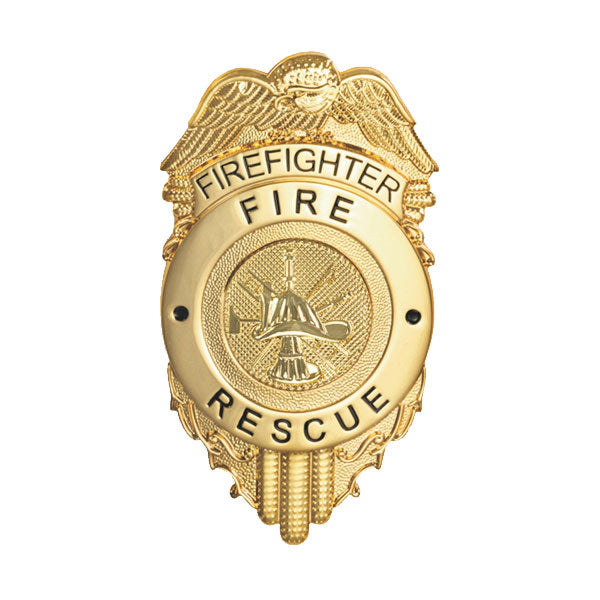 Firefighter Fire Rescue Badge, Enameled & Plated, Pin/Catch, 2-1/2" x 3"